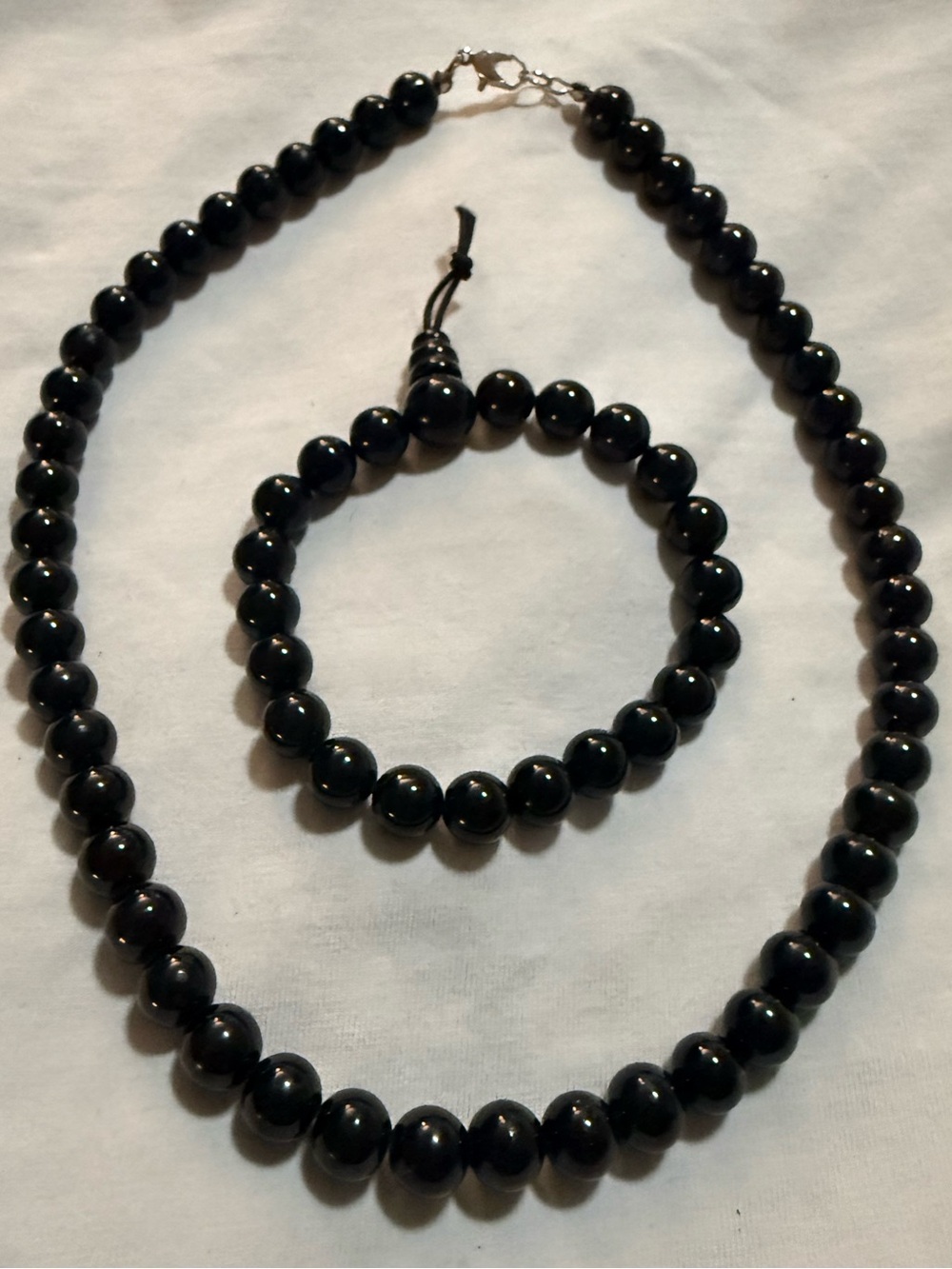 Black Onyx Round Bead Necklace & Bracelet Set Lobster Clasp